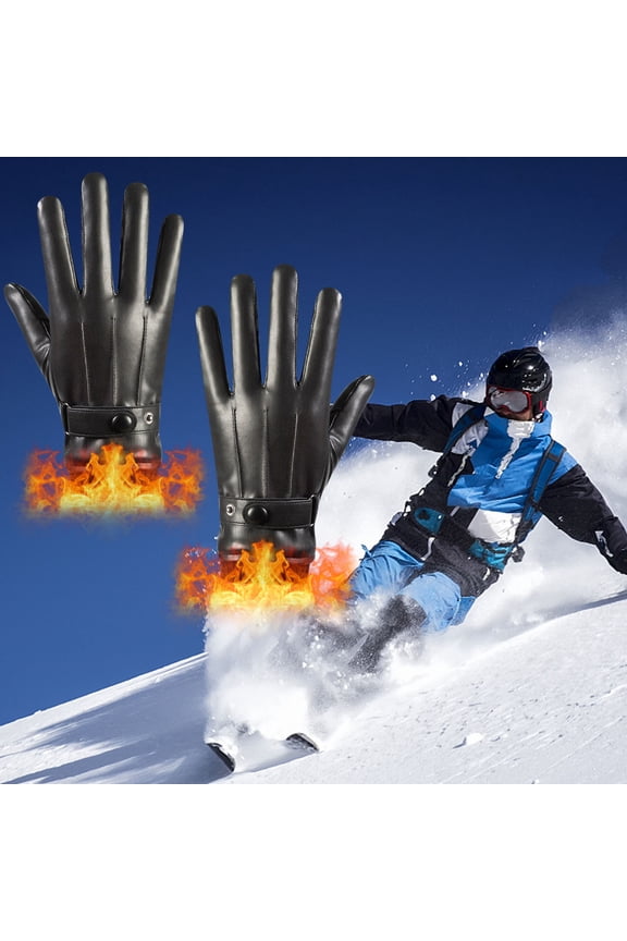 Winter Leather Gloves for Men, Touchscreen Snap Closure Cycling Plush Gloves Outdoor Riding Warm Waterproof Gloves