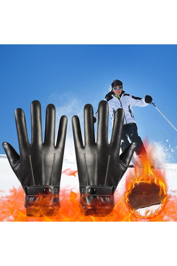 Winter Leather Gloves for Men, Touchscreen Snap Closure Cycling Plush Gloves Outdoor Riding Warm Waterproof Gloves