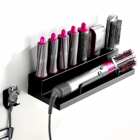RXLIFE Wall Mount Curling Iron Holder, 7-Slot Black Stainless Steel Hair Tool Organizer, Fits Dyson Styler, Easy Install with Adhesive, Perfect for Home, Bathroom, Hair Salon C95