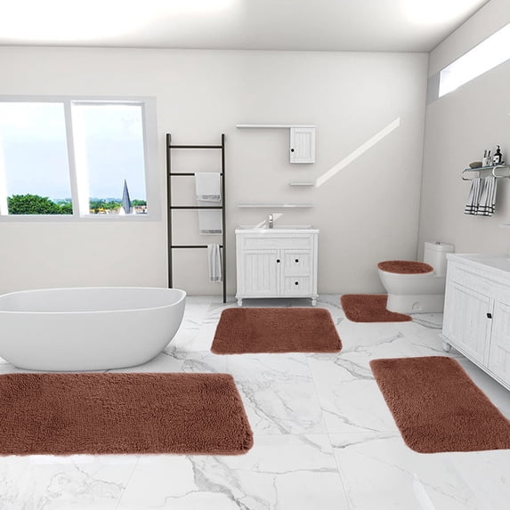 RXMEKW Bathroom Rugs and Mats Sets 5-Piece Solid Long-Pile Bathroom Carpet Flocked Plush Pad