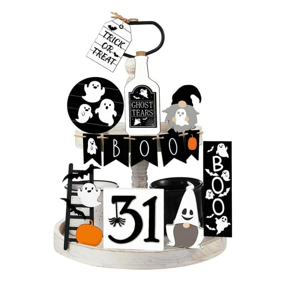 RXMEKW Halloween Party Decorations 9 Piece Halloween Tiered Tray Decoration Set Cute Halloween Wooden Sign Tiered Tray Decoration Items Suitable for Home Desktop House Room Kitchen Party