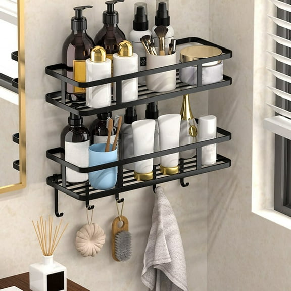 RXMEKW Kitchen Storage Rack Metal Wall Basket with 5 Hooks, Kitchen Spice Shower Storage Rack