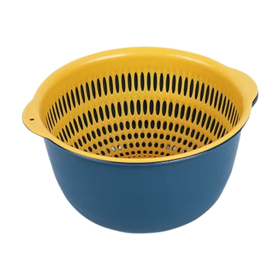 RXMEKW Plastic Basket with Handle Small Double-Layer Vegetable Basin, Drainage Basket, Kitchen, Living Room, Domestic Water Fruit Tray, Simple Plastic Rice Basket, Small Blue and Yellow
