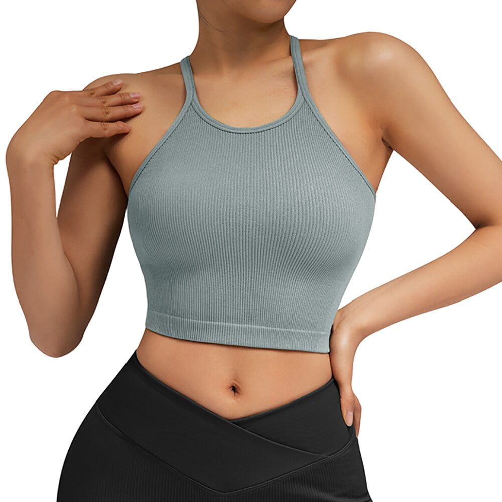 RXRXCOCO Ribbed Sports Bras Workout Padded Sports Bra Spaghetti Strap