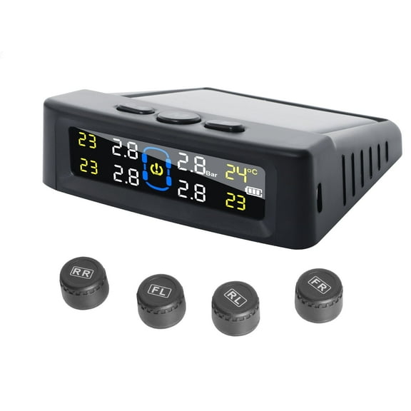 RXTSQI LCD Tire Pressure Monitoring System Solar Wireless TPMS with 4 Sensor Waterproof USB Charging Auto Alarm System for Truck RV Trailer Car