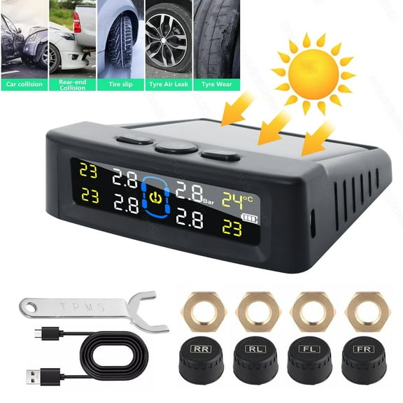 RXTSQI Tire Pressure Monitoring System,Solar Wireless TPMS with 4 Sensor,Tire Pressure Safety Monitor for Universal Car Truck RV,Up to 50 Psi