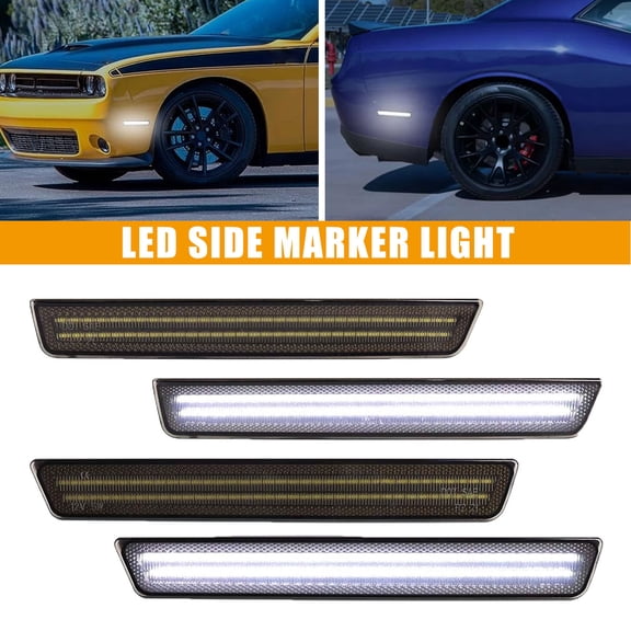 RXTSQI White LED Side Marker Lights For Dodge Challenger 2015-2023, Front & Rear Bumper Marker Lamps, Corner Parking Lamp & Smoked Len