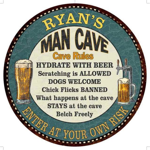 RYAN'S Man Cave Rules 14" Round Metal Sign Garage Bar Decor 100140009109