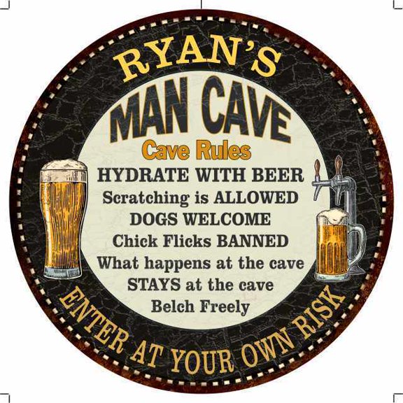 RYAN'S Man Cave Rules Round Metal Sign Garage Bar Decor Size: 8 x 8 inch