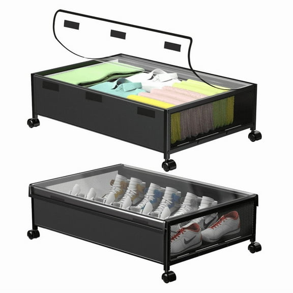 RYANSTAR RACING Under Bed Storage with Wheels, 2 Pack Containers,Rolling Under Bed Storage, Bedroom Organizer for Clothes, Shoes ,Toys, Books, Bedding, Blankets BLACK