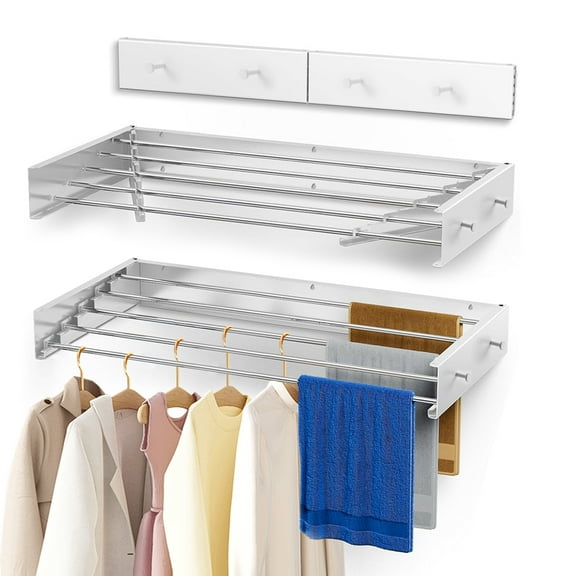 RYANSTAR RACING Drying Rack Clothing Upgrade ,Clothes Drying Rack Wall Mounted,Retractable Drying Rack 5 Aluminum Rods ,60 lb,with Hooks,White