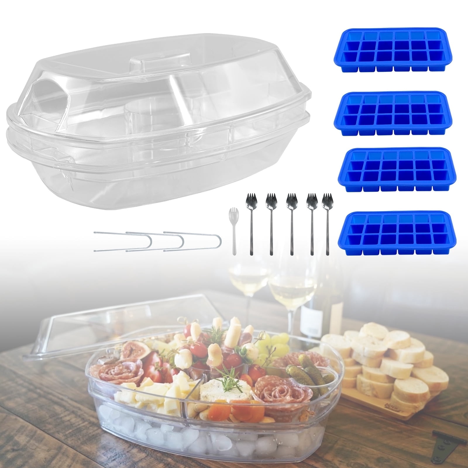 RYANSTAR RACING Ice Appetizer Tray, 15-Inch Party Platter with 4 Ice Cube Trays, 3-Piece Tongs, 5-Piece Cutlery, and Lid for Fruits, Vegetables, Salad, Sushi - Transparent Kitchen Refrigerated