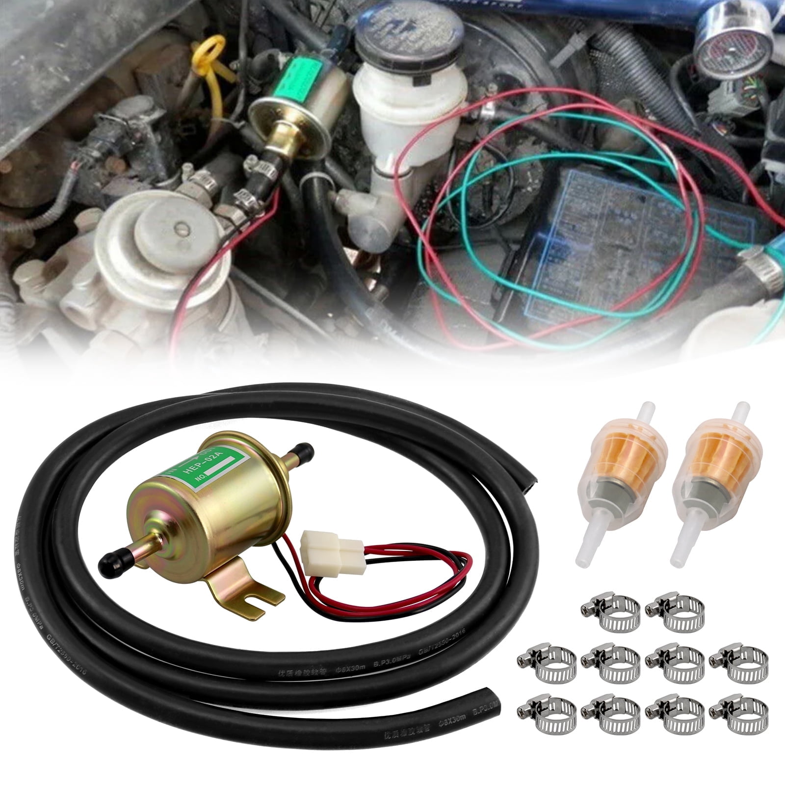 RYANSTAR RACING Universal Electric Fuel Pump Kit with 5/16" ID Fuel Line 2PCS Fuel Filters 10PCS Hose Clamps Compatible with 12V Cars Trucks Boats Carburetor Lawn Mower HEP-02A Gold