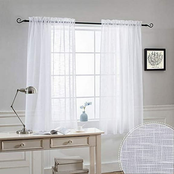RYB HOME Semi Sheer Linen Curtain - Half Transparent Privacy Sunlight Glare Filtering Boho Drapes for Living Room Bedroom Window, Width 52 x Length 63 inch, White, 2 Panels