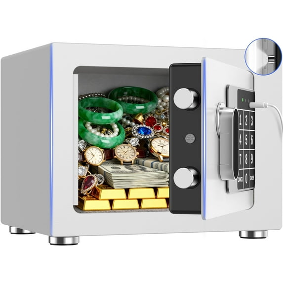 RYCUZO 0.25 Feet Cubic Safe Box, Money Lock Safes with Digital Keypad, USB Cable and Sensor Light, Security Safe for Home Office Hotel (White)