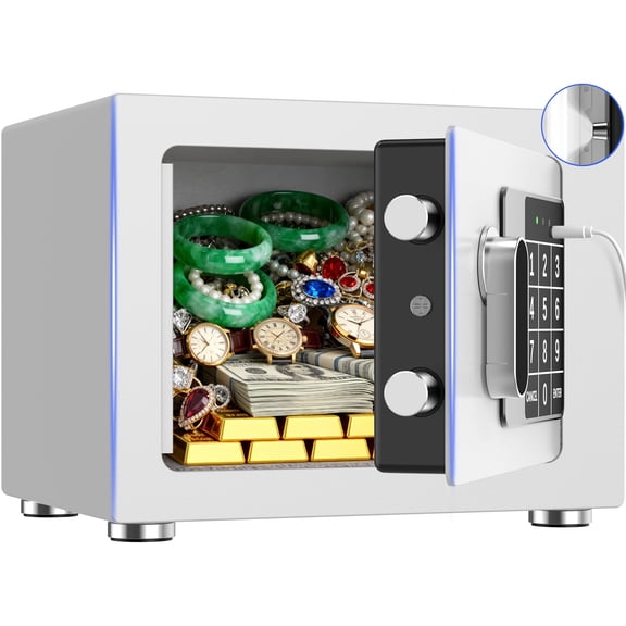 RYCUZO 0.25 Feet Cubic Safe Box, Money Lock Safes with Digital Keypad, USB Cable and Sensor Light, Security Safe for Home Office Hotel (White)