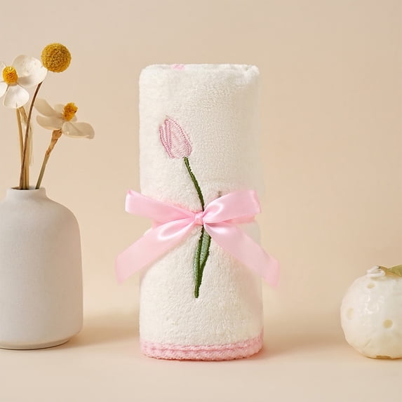 RYDCOT 1 Pcs Decorative Floral Hand Towels for Bathroom with Tulip Ribbons 13 x 29'' Hand Towels Coral Cotton Absorbent Bath Decor for Spring Yoga Spa Gift