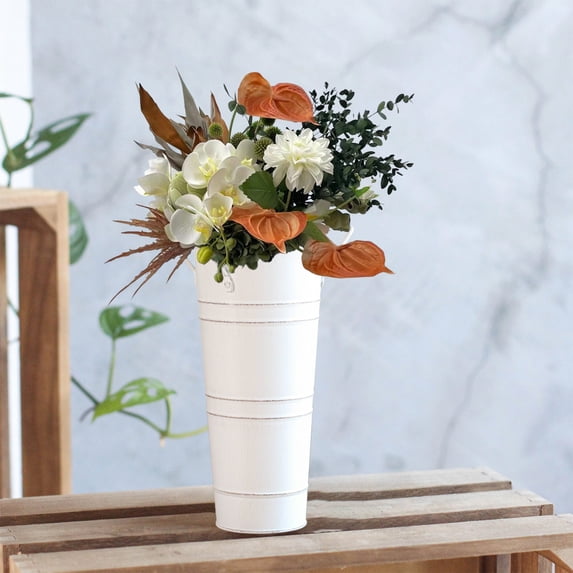 RYDCOT 1Pcs Galvanized Metal Vases for Flowers, Farmhouse Decorative Tall Flower Bucket with Handles, Rustic French Tin Planter Buckets for Wedding Decor