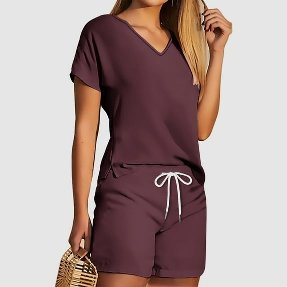 RYDCOT 2 Piece Outfits for Women Summer Casual Shorts Set Oversized T Shirt Pajama Set Lounge Tracksuit Outfits Shorts Sets Wine