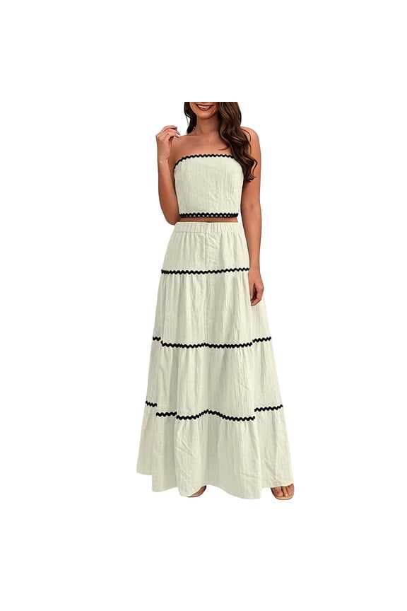 2 Piece Skirt Sets for Women Summer, Floral Sleeveless Tube Top Bodycon Maxi Skirts Vacation Going Out Outfits Beige