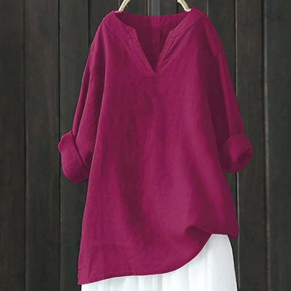RYDCOT 3/4 Length Sleeve Womens Tops Women's V-Neck Long Sleeve Loose Cotton and Linen Shirts Summer Shirts Blouse Sale or Clearance Wine