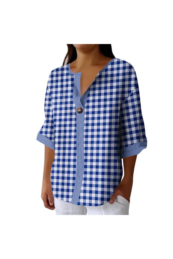 3/4 Sleeve Button Down Shirts for Women Gingham Plaid Striped Tops V Neck Casual Trendy Loose Blouses Blue