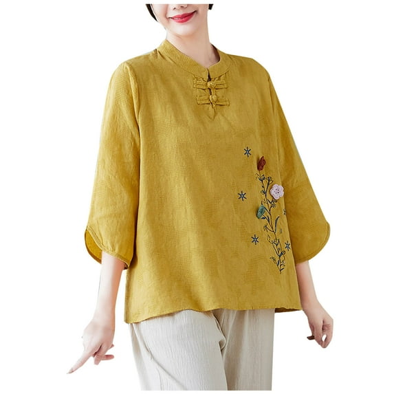 RYDCOT 3/4 Sleeve Tops for Women Floral Embroidered Imitation Cotton Linen Shirt Chinese Frog Round-Neck Fashion Women Spring Summer Clothes Yellow