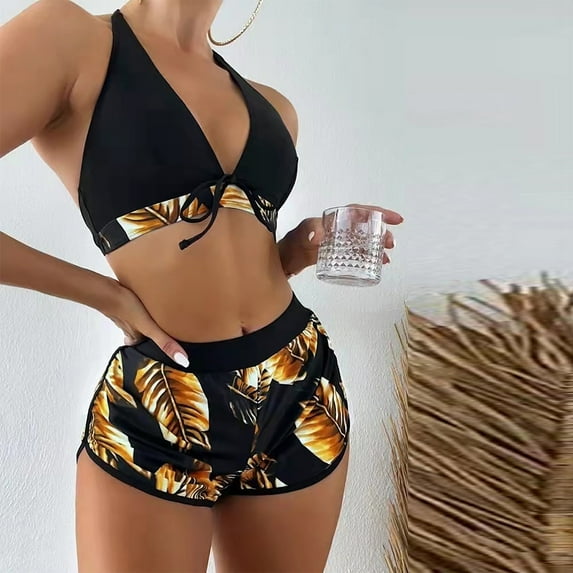 RYDCOT 3 Piece Halter Swimsuits for Women Bikini Tropical Print Swimsuit Halter Top and Boy Short Bathing Suit Clearance