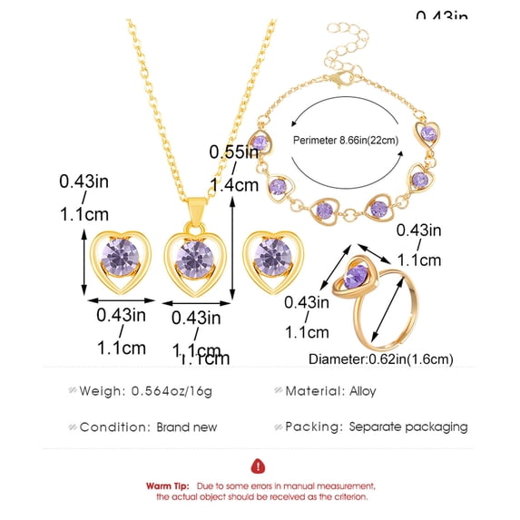 RYDCOT 4 Pcs Heart Jewelry Set for Women fashion Cubic Zirconia Pendant Necklace Bracelet Earrings Dainty Ring Prom Party, Birthday Valentines Mothers Day Christmas Jewelry Gift