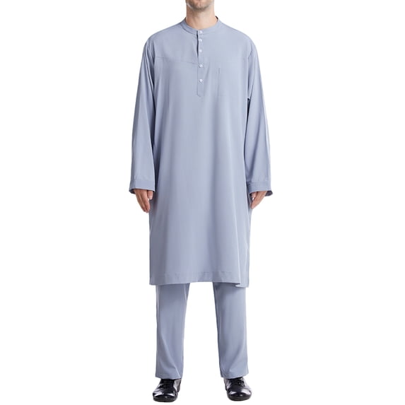 RYDCOT African Men's formal Clothes Dashiki Henley Shirt and Pant Two Piece Set Suit Traditional Button up Long Sleeve Robe Muslim Gown Shirt Outfits Navy