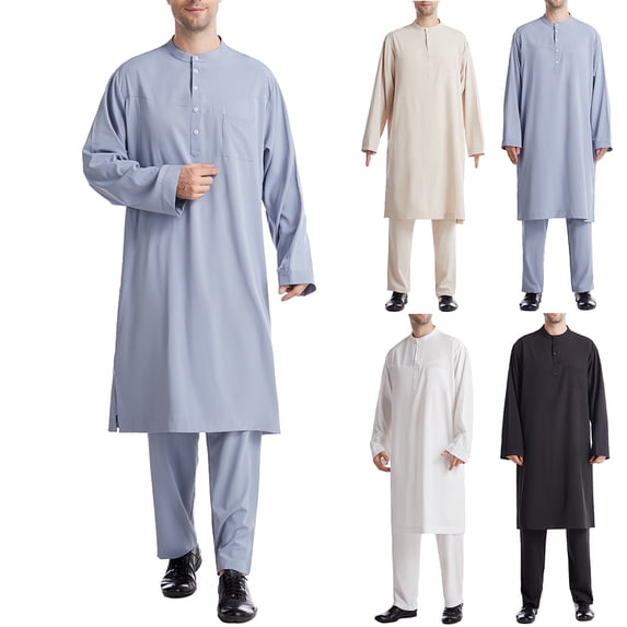 RYDCOT African Men's formal Clothes Dashiki Henley Shirt and Pant Two Piece Set Suit Traditional Button up Long Sleeve Robe Muslim Gown Shirt Outfits White
