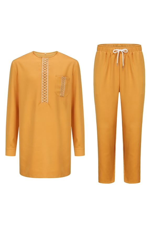 African Men's formal Embroidery Clothes Dashiki Middle Long Shirt Robe and Pant Two Piece Suit Traditional Long Sleeve Outfits for Festival Wedding Gold