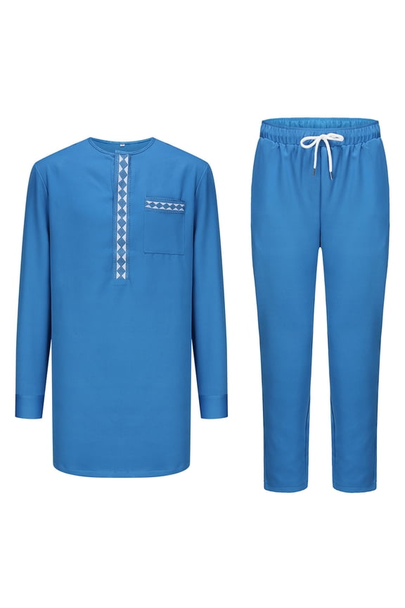 African Traditional Clothing Set for Men Dashiki Embroidery Middle Long Robe Coats and Elastic Waist Pants 2 Piece Outfits for Festival Wedding Evening Blue