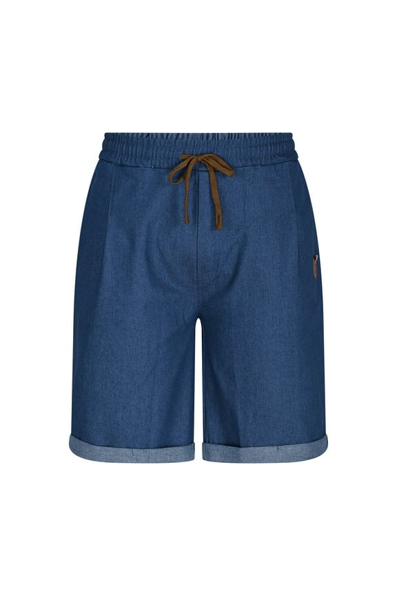 Baggy Jean Shorts for Men Drawstring Elastic Waist Loose Fit Straight Leg Denim Shorts Skater Beach Bermuda Jorts Navy