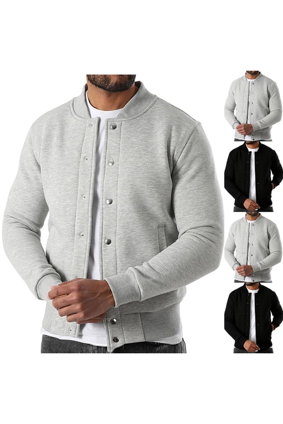 Baseball Jacket Men Lightweight Single-Breasted Athletic Varsity Jacket Big and Tall Bomber Jacket with Pockets for Spring Fall Gray