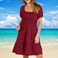 thumbnail image 1 of RYDCOT Beach Dresses for Women 2024 Vacation Summer Mini Ruffles Dress Skew Collar Casual Smocked Elastic Waist Tiered Puff Sleeve Dress, 1 of 6