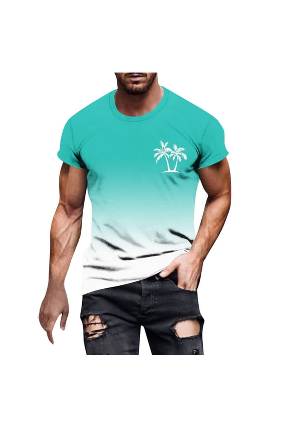 Beach Shirts for Men Fishing Palm Tree Graphic Tshirt Hawaiian Surf Shirt Vacation Summer Short Sleeve Cotton Tee Tops Sky Blue