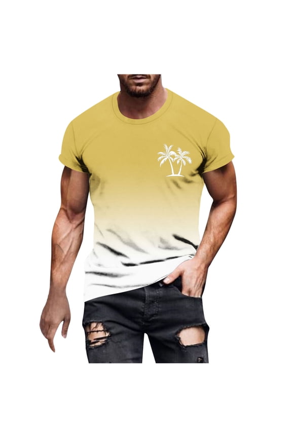 Beach Shirts for Men Fishing Palm Tree Graphic Tshirt Hawaiian Surf Shirt Vacation Summer Short Sleeve Cotton Tee Tops Yellow