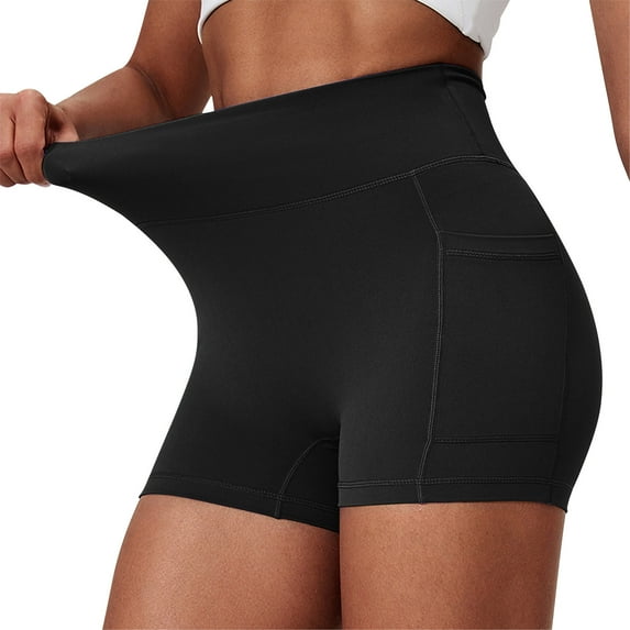 RYDCOT Biker Shorts for Women Tummy Control Workout Shorts with Pockets Solid Color High Waisted Compression Gym Running Yoga Shorts Black