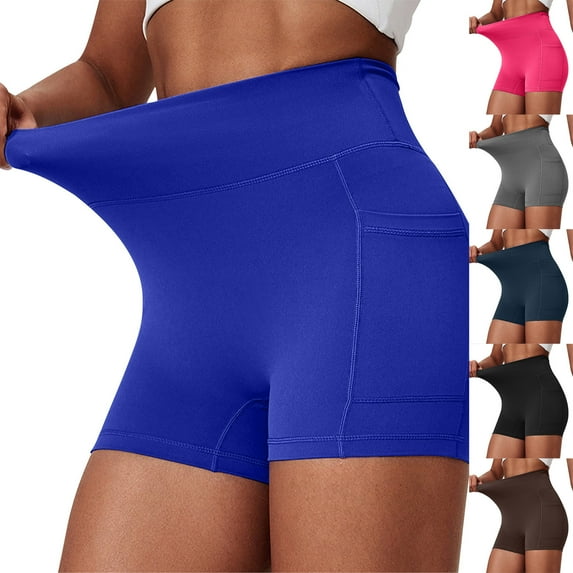 RYDCOT Biker Shorts for Women Tummy Control Workout Shorts with Pockets Solid Color High Waisted Compression Gym Running Yoga Shorts Navy