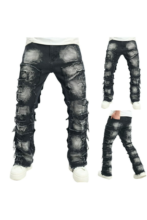 Black Jeans for Men Stretch Fit Skinny Stacked Ripped Destroyed Jeans Slim Fit Patch Y2K Denim Pants Slim Fit Trousers Streetwear Black