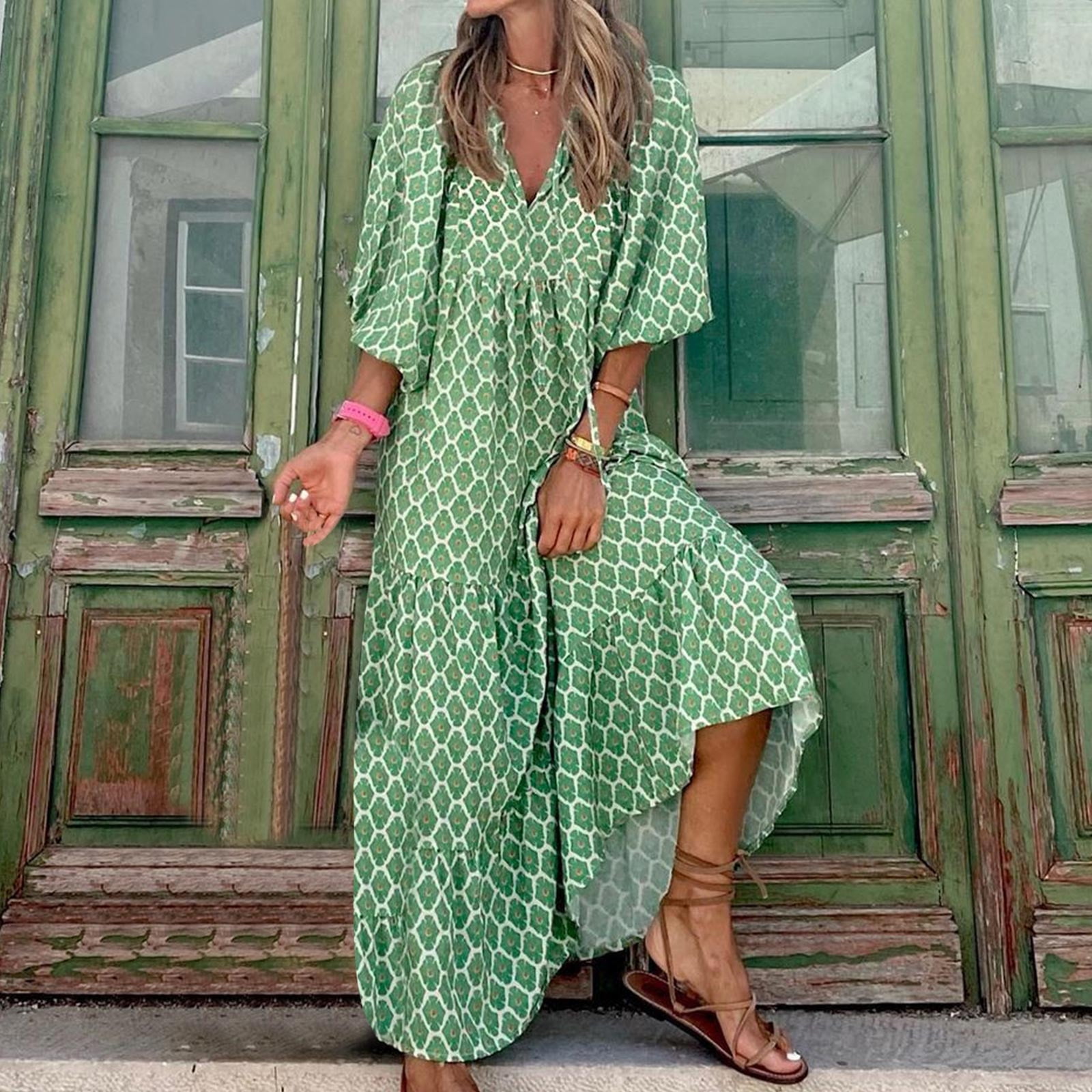 RYDCOT Boho Dresses for Women 2024 Casual Loose Bohemian Floral Dress Long  Maxi Summer Beach Swing Dress Wedding Guest Dress Mint Green - Walmart.com