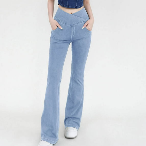 RYDCOT Bootcut Jeans for Women High Waisted V Crossover Flare Bell Bottom Jeans Casual Strtchy Denim Pants with Pockets Summer Outfits for Women or Clearance