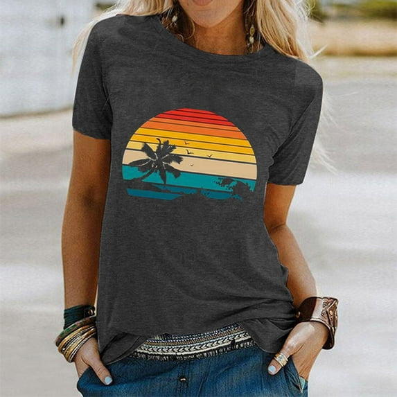 RYDCOT Button Down Shirts for Women Short Sleeve Beach Printed Women Summer Short Sleeve Blouse Shirt T-shirt Sale Dark Gray