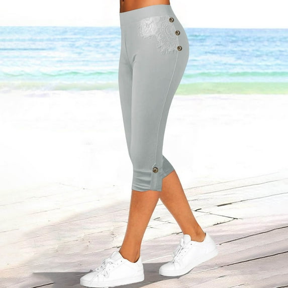 RYDCOT Capri Pants for Women High Waisted Solid Color Stretch Knee Length Leggings Casual Summer Workout Athletic Running Yoga Pants on Clearance Gray