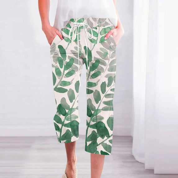 RYDCOT Capris for Women Casual Summer Clearance Floral Elastic Pants Straight Wide Leg Trousers with Pocket Beach Pants for Women 2024 Vacation Clearance Green