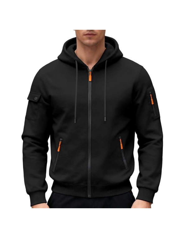 Cargo Hoodie with Zipper Pockets, Midweight Fleece, Full Zip Hooded Sweatshirt for Men Black