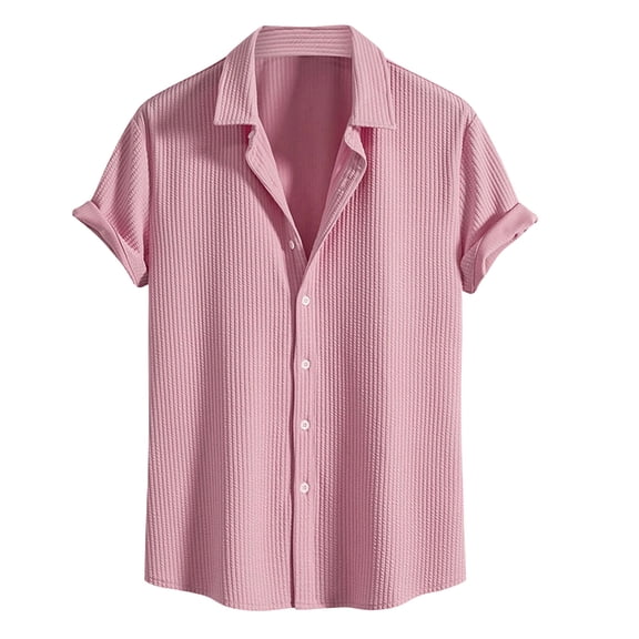RYDCOT Casual Short Sleeve Button Down Shirts for Men Summer Lapel Collar Solid Color Shirt Pink