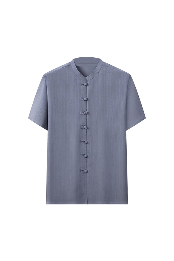 Chinese Clothing Tang Suit - Kung Fu Short Sleeve Shirt for Men breathable Standing Collar Cardigan Blue