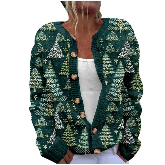 RYDCOT Christmas Sweater for Women 2024 Cute Christmas Tree Printed Cardigans Sweater Open Front Button Down Holiday Knit Jacket Clearance